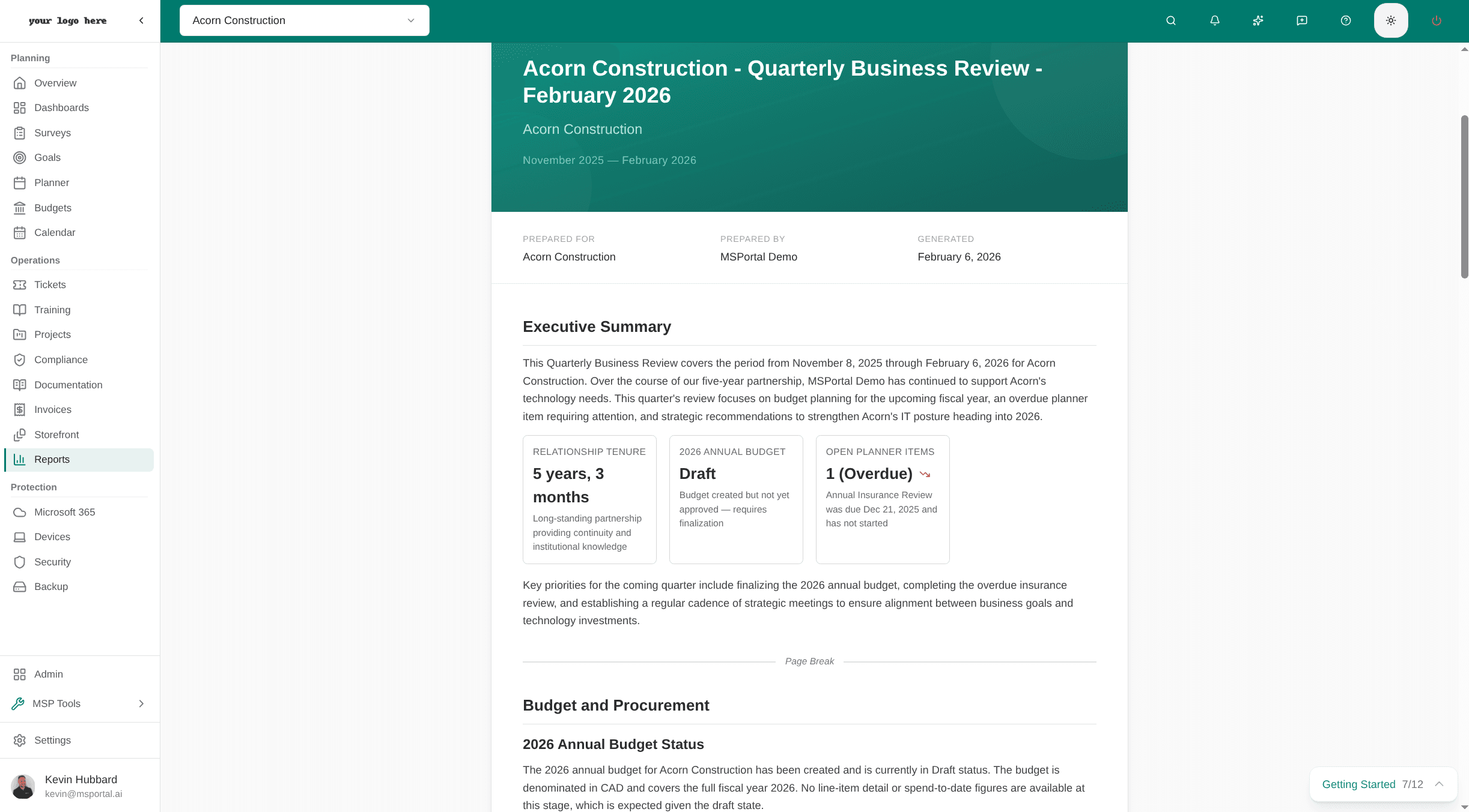 AI Generated QBR Reports in MSPortal