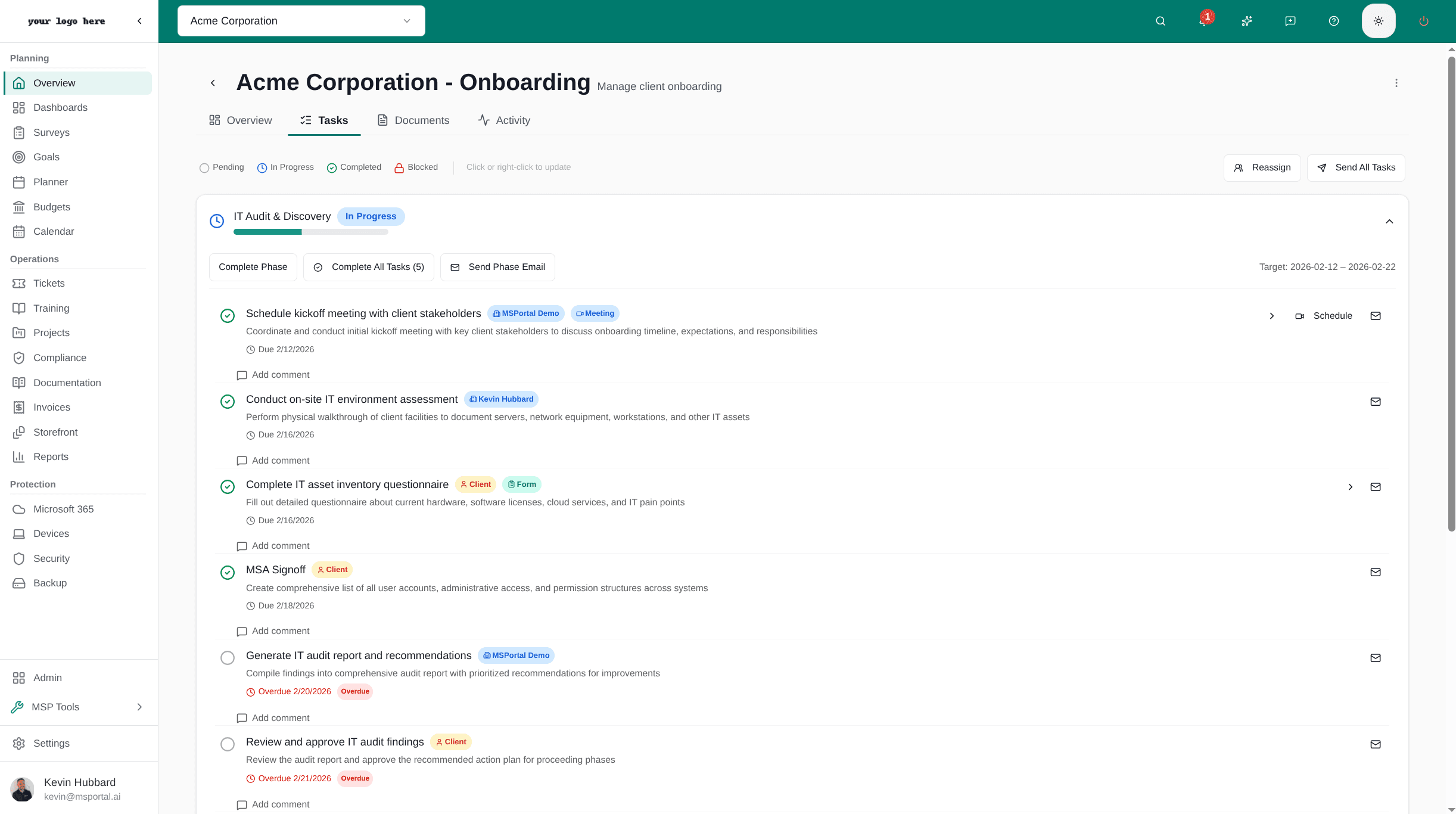 MSPortal client onboarding portal showing multi-phase progress tracking with task completion