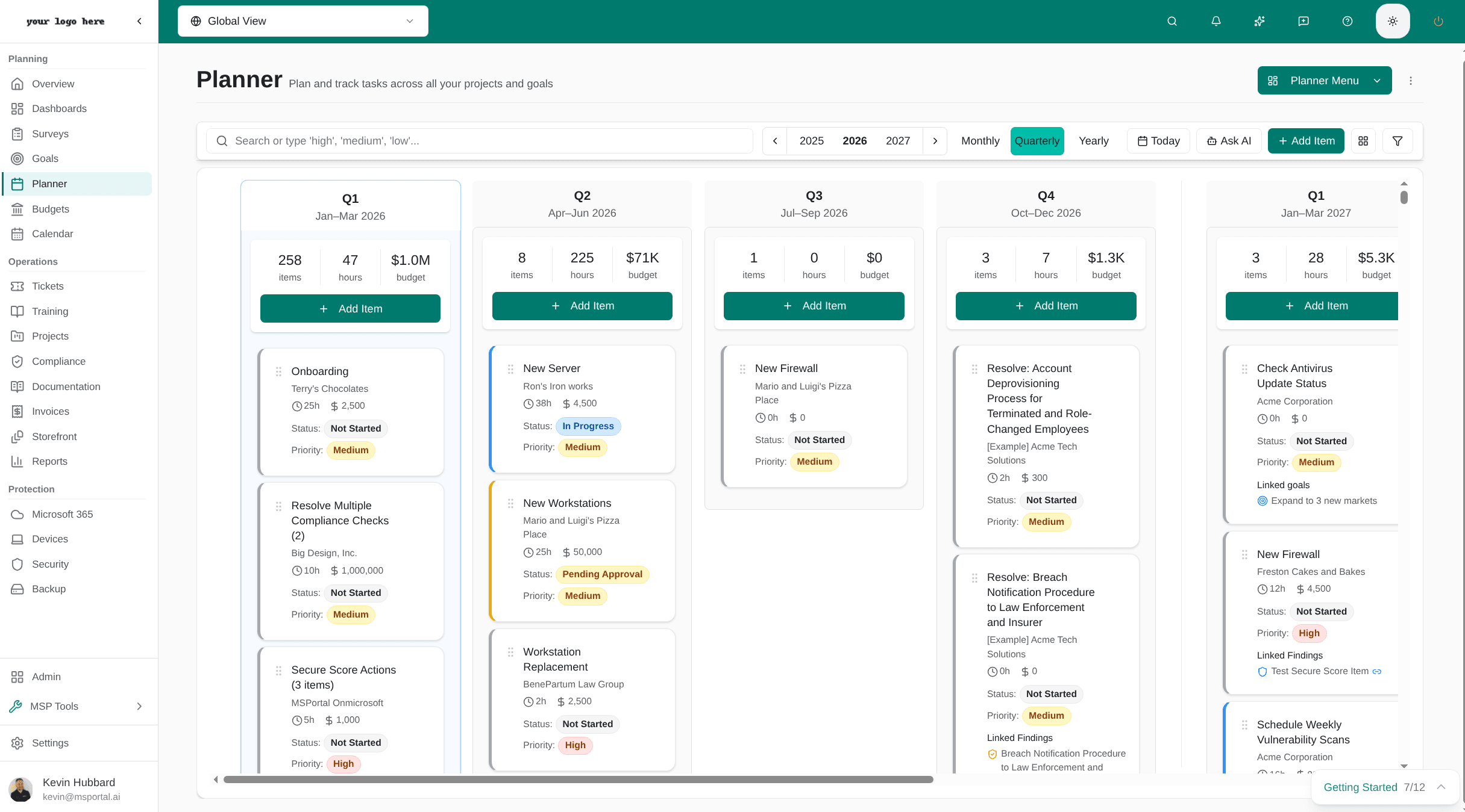 MSPortal-Planer mit Kanban-Ansicht, die Roadmap-Elemente über Phasen zeigt