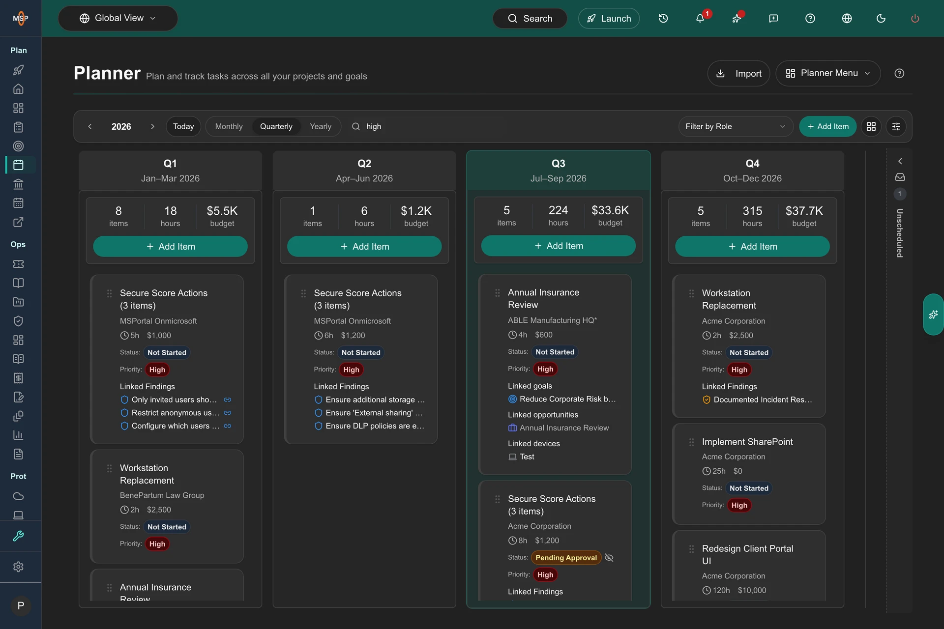 MSPortal Planungsbereich mit einer Kunden-Roadmap, Prioritäten und geplanten Initiativen.