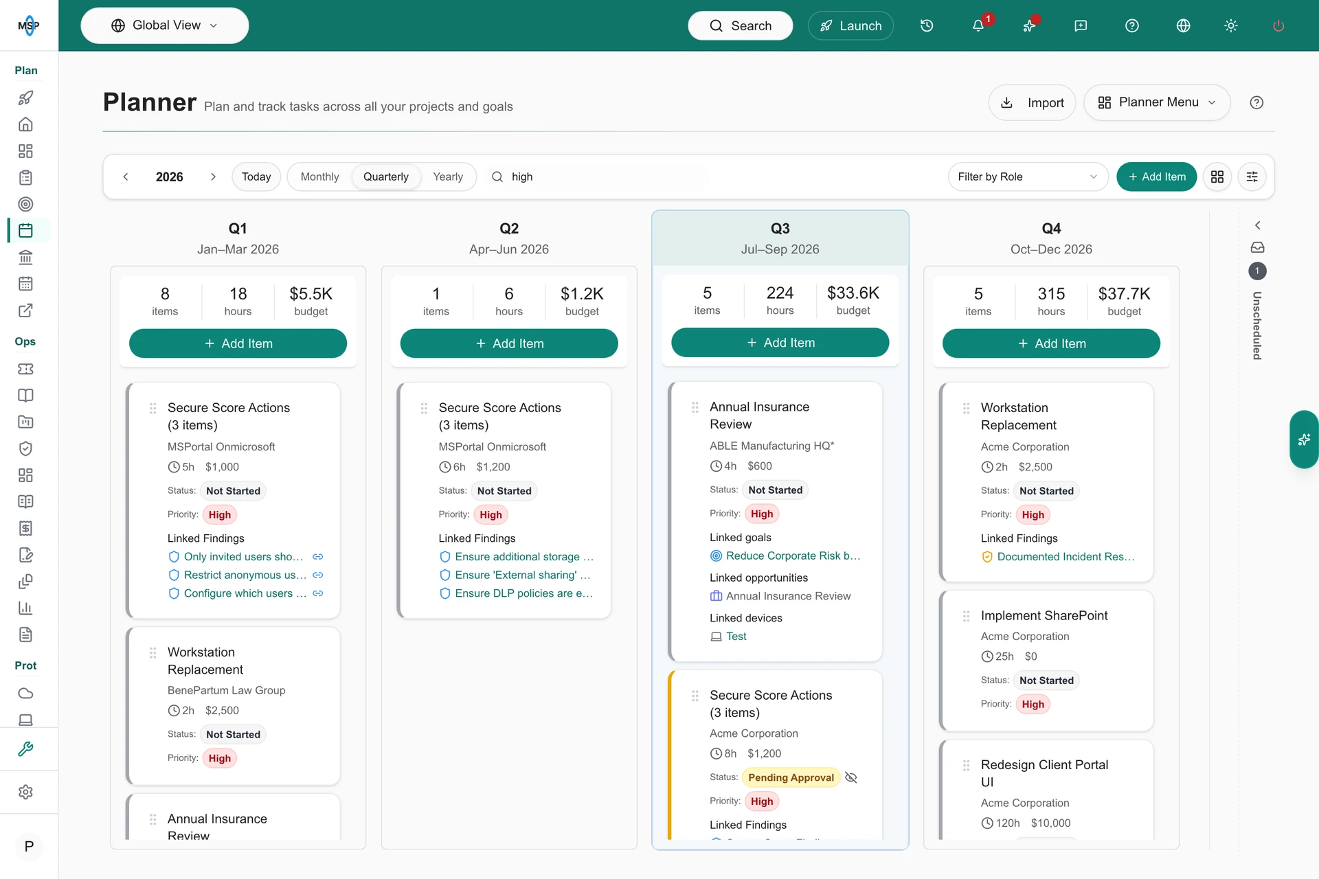 MSPortal planning workspace showing a client roadmap, priorities, and scheduled initiatives.