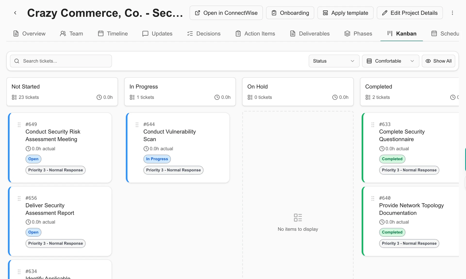 Staff Kanban board for a Demo security project, showing tickets grouped by status.