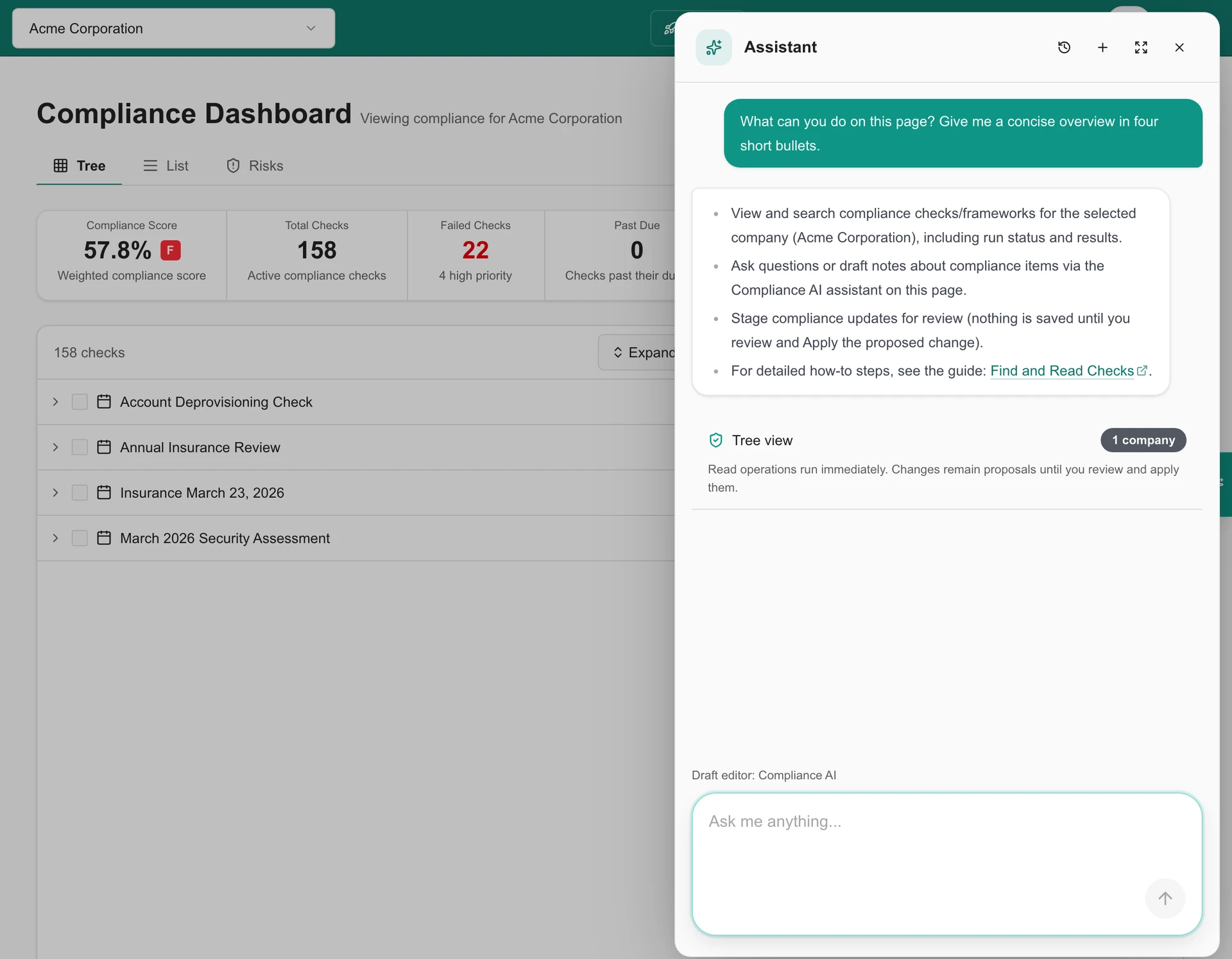 MSPortal Assistant beside Acme Corporation's compliance checks, explaining how it can help on this page.