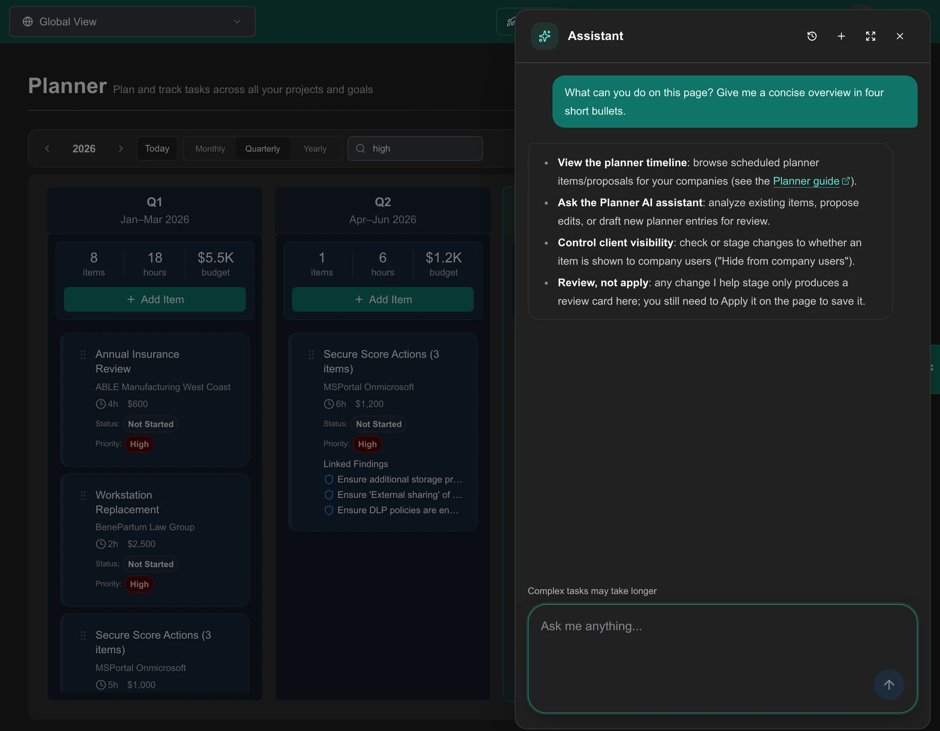 MSPortal Assistant alongside the high-priority Planner roadmap across MSPortal Demo companies, explaining page-specific analysis, proposals and related lookups.