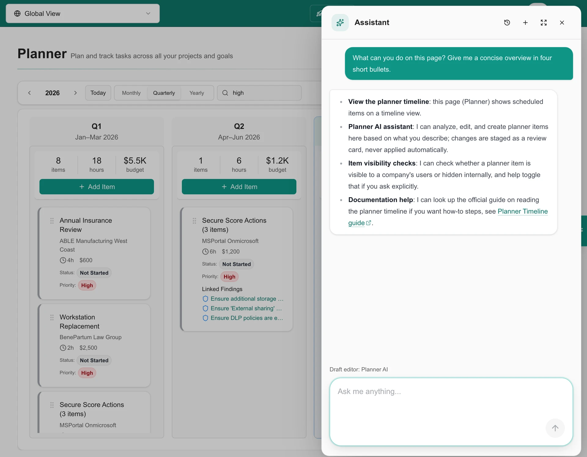 MSPortal Assistant alongside the high-priority Planner roadmap across MSPortal Demo companies, explaining page-specific analysis, proposals and related lookups.