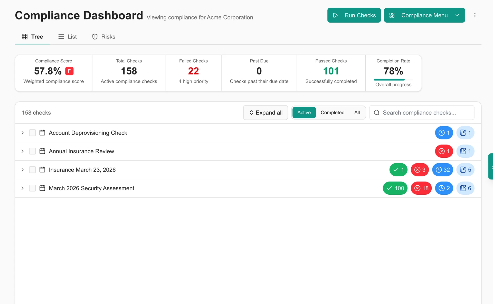 Staff compliance view scoped to Acme Corporation in MSPortal Demo, with recorded status and assigned checks.