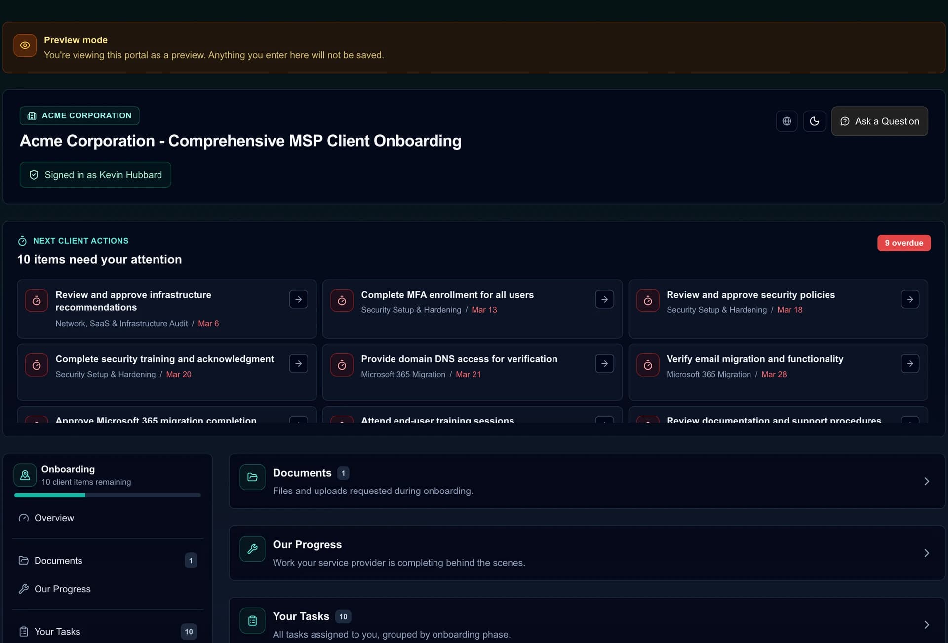 Aperçu MSP du portail d'intégration client d'Acme Corporation dans Demo.