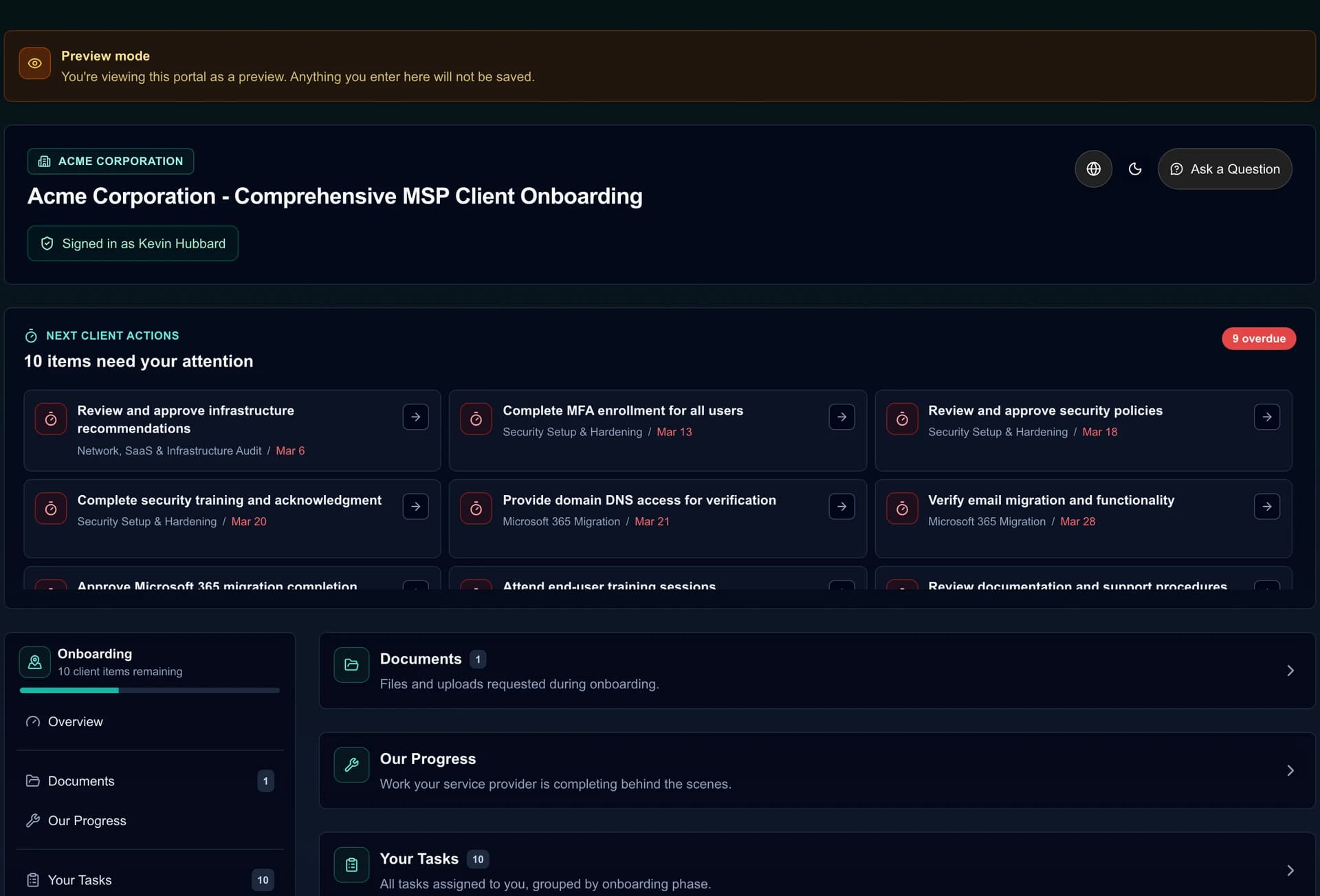 MSPortal demoklient onboarding-portal med guidede opgaver og fremskridt.