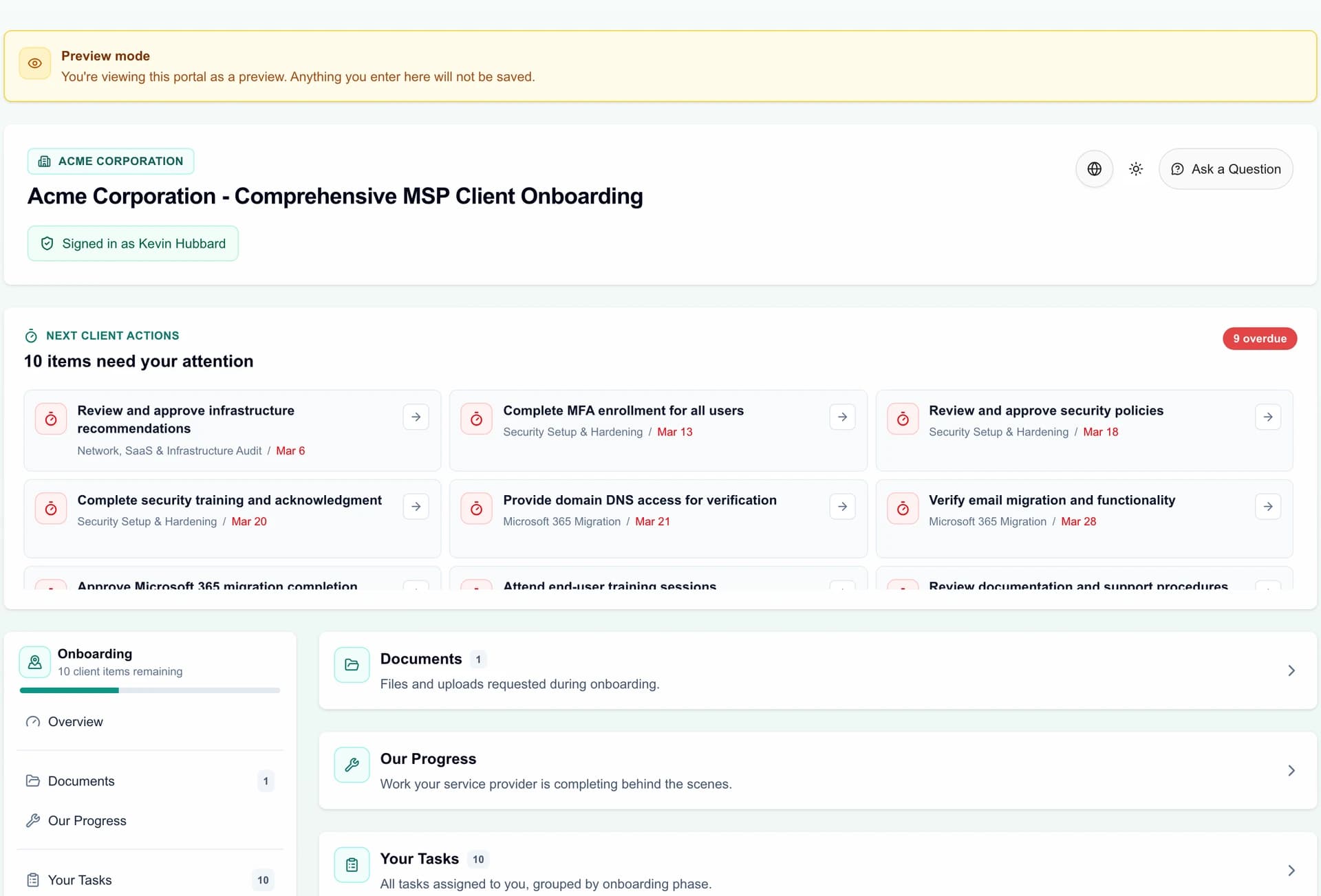 MSPortal demoklient onboarding-portal med guidede opgaver og fremskridt.