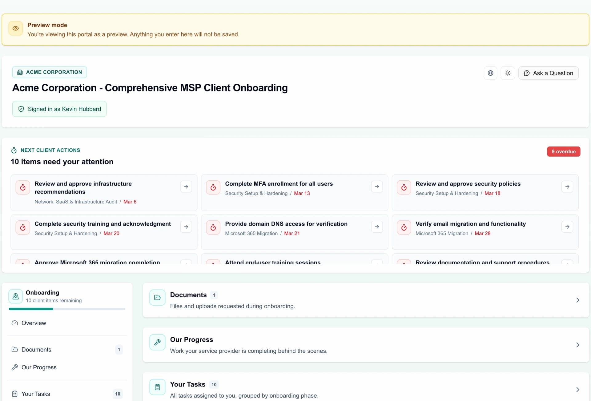 MSP preview of the Acme Corporation client onboarding portal in Demo.