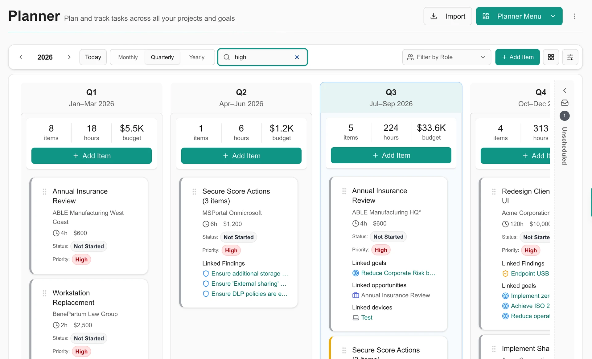 Quarterly Planner roadmap filtered to high-priority items across MSPortal Demo companies.
