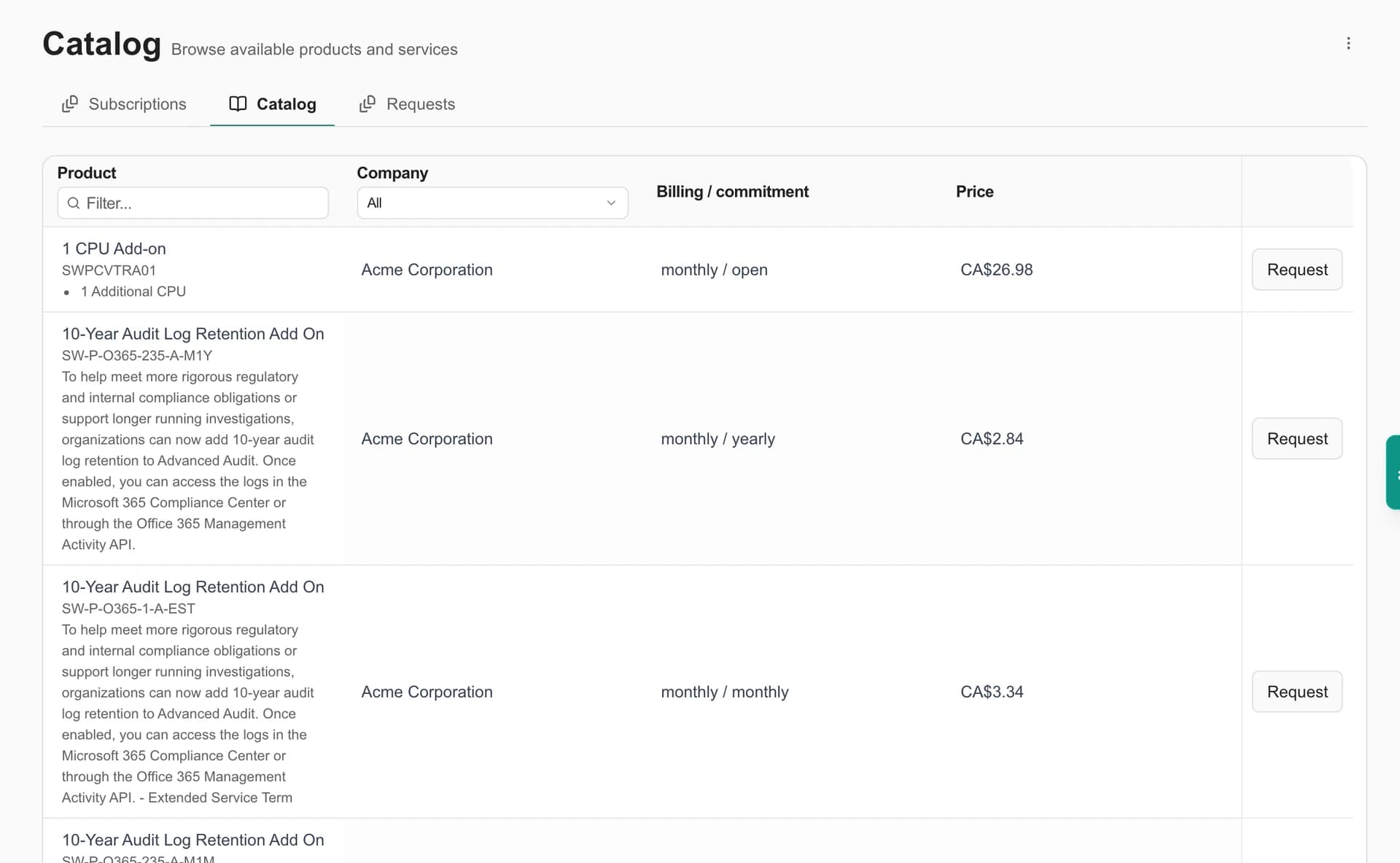 MSPortal Demo storefront catalog with available subscription products and example pricing.