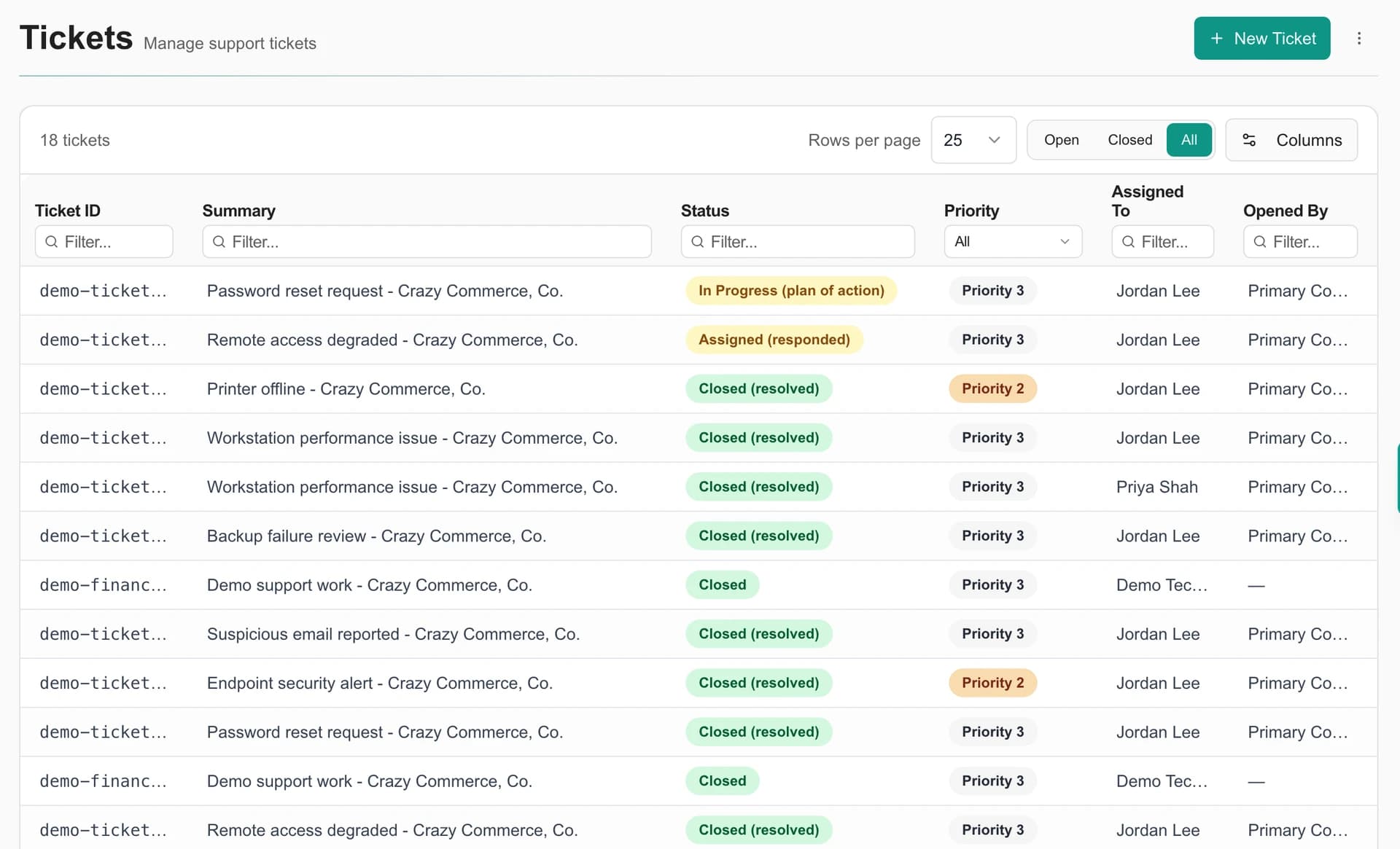 Staff ticket list for a Demo company, showing support requests, statuses and priorities.